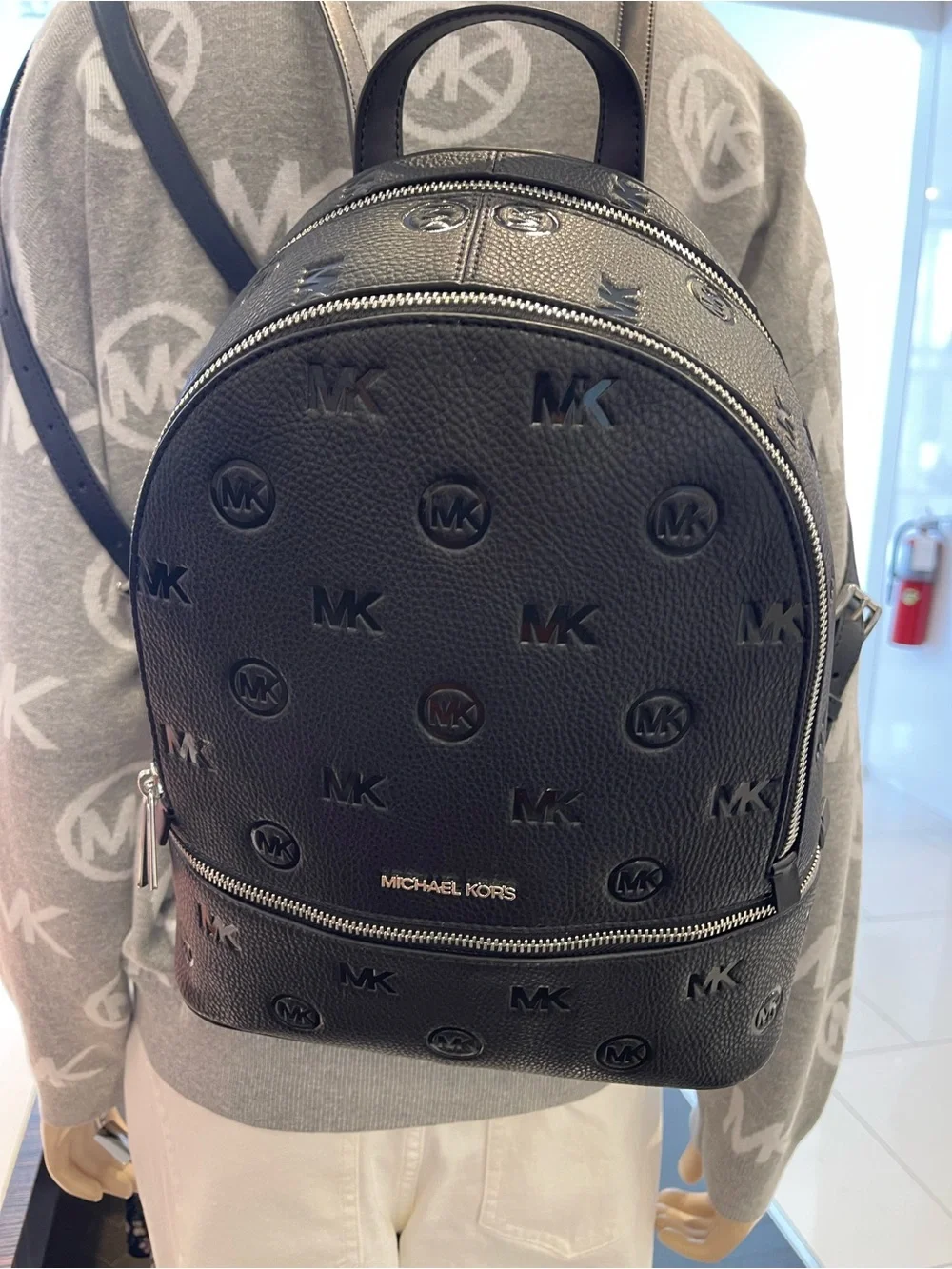 Michael Kors Rhea Medium Zip MK Logo Debossed Backpack Black NWT